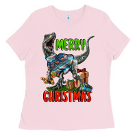 Bubblegum Pink merry christmas velociraptor Ladies Tee - LillyAllenDesigns