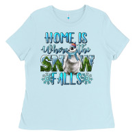 Baby Blue Home Is Where The Snow Falls Winter Penguin Ladies Tee - LillyAllenDesigns