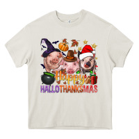 Cream Happy Hallothanksmas Pigs Heavy Core Tee - BundleAndBundleShop