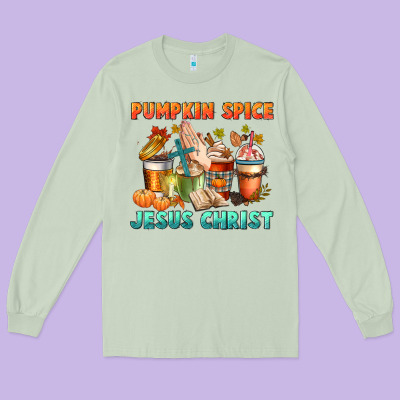 Pumpkin Spice And Jesus Christ Long Sleeve Tee Designed By Cowgirlartshop