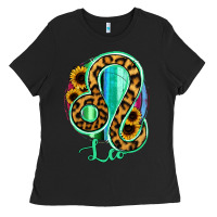 Black Leo Zodiac Sign Sunflower Leopard Serape Ladies Tee - RanaPortraitStore