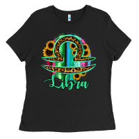 Black Libra Zodiac Sign Sunflower Leopard Serape Ladies Tee - RanaPortraitStore