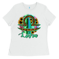 White Libra Zodiac Sign Sunflower Leopard Serape Ladies Tee - RanaPortraitStore