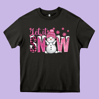 Pink Let It Snow With Cute Snowman Heavy Core Tee Designed By Bundleandbundleshop