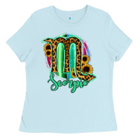 Baby Blue Scorpio Zodiac Sign Sunflower Leopard Serape Ladies Tee - RanaPortraitStore