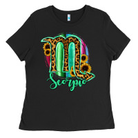Black Scorpio Zodiac Sign Sunflower Leopard Serape Ladies Tee - RanaPortraitStore