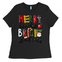 Black Merry Teacher Bright Students Christmas Ladies Tee - LillyAllenDesigns