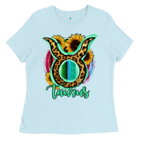 Baby Blue Taurus Zodiac Sign Sunflower Leopard Serape Ladies Tee - RanaPortraitStore