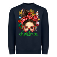 Navy Christmas Messy Bun With Gingerbread Man Heavyweight Sweatshirt - BundleAndBundleShop