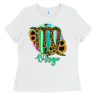 White Virgo Zodiac Sign Sunflower Leopard Serape Ladies Tee - RanaPortraitStore