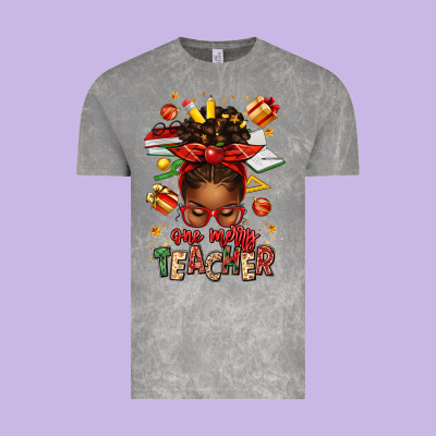 One Merry Teacher Afro Messy Bun Vintage Tee Designed By Texasbilliewilder