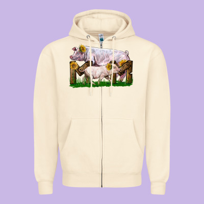 Mom With White Chester Pig And Baby Pig Zipper Hoodie Designed By Lillyallendesigns