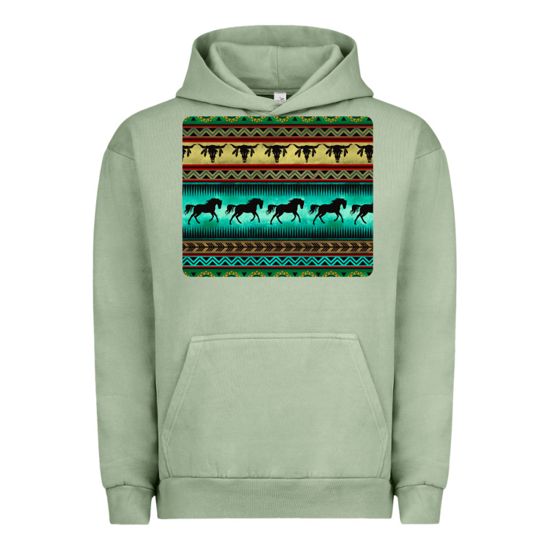 Turquoise Horse And Bullskull Aztec  Pattern Urban Hoodie by BarkalooDesign | Teevron