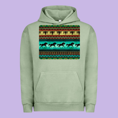 Turquoise Horse And Bullskull Aztec  Pattern Urban Hoodie Designed By Barkaloodesign