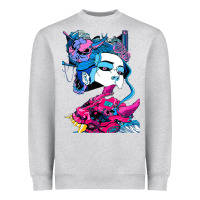 Heather Grey Cyberpunk Aesthetic Samurai Demons Mask Japanese Girl Heavyweight Sweatshirt - lanVoArt