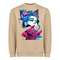 Mushroom Cyberpunk Aesthetic Samurai Demons Mask Japanese Girl Heavyweight Sweatshirt - lanVoArt