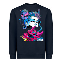 Navy Cyberpunk Aesthetic Samurai Demons Mask Japanese Girl Heavyweight Sweatshirt - lanVoArt