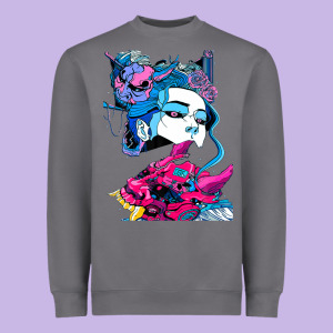 Cyberpunk Aesthetic Samurai Demons Mask Japanese Girl Heavyweight Sweatshirt Designed By Lanvoart