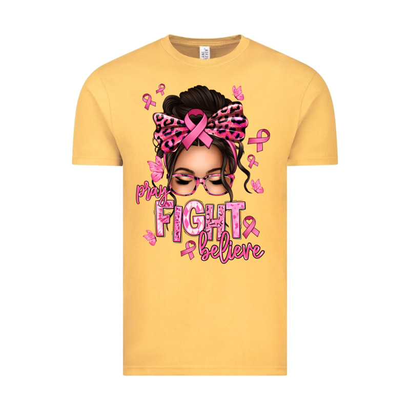 Pray Fight Believe Breast Cancer Afro Messy Bun Vintage Tee by texasbilliewilder | Teevron