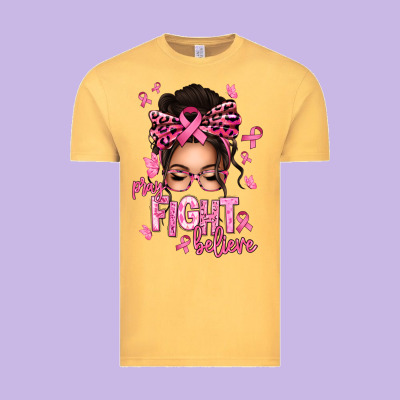 Pray Fight Believe Breast Cancer Afro Messy Bun Vintage Tee Designed By Texasbilliewilder