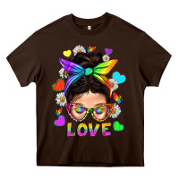 Chocolate Brown LGBTQ+ Messy Bun Mum Love With Hearts Heavy Core Tee - BundleAndBundleShop