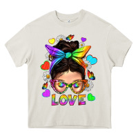 Cream LGBTQ+ Messy Bun Mum Love With Hearts Heavy Core Tee - BundleAndBundleShop