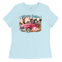 Baby Blue Happy Easter truck with Easter farm animals Ladies Tee - LillyAllenDesigns