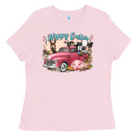 Bubblegum Pink Happy Easter truck with Easter farm animals Ladies Tee - LillyAllenDesigns