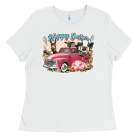 White Happy Easter truck with Easter farm animals Ladies Tee - LillyAllenDesigns