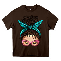 Chocolate Brown Messy Curly Bun Mom With Leopard Bandana Heavy Core Tee - BundleAndBundleShop