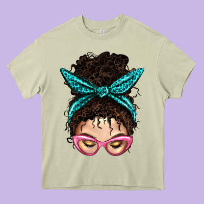 Messy Curly Bun Mom With Leopard Bandana Heavy Core Tee Designed By Bundleandbundleshop