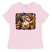 Bubblegum Pink Western 4th Of July Cow Background Ladies Tee - LillyAllenDesigns