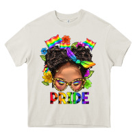 Cream LGBTQ+ Messy Bun Mom Pride With Flower Heavy Core Tee - BundleAndBundleShop