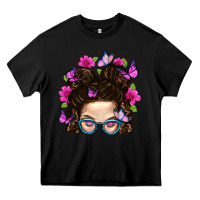 Black Messy Bun Mom With Butterfly Heavy Core Tee - BundleAndBundleShop