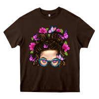 Chocolate Brown Messy Bun Mom With Butterfly Heavy Core Tee - BundleAndBundleShop