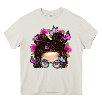 Cream Messy Bun Mom With Butterfly Heavy Core Tee - BundleAndBundleShop