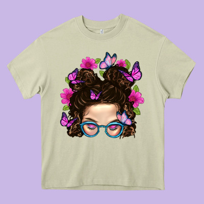 Messy Bun Mom With Butterfly Heavy Core Tee Designed By Bundleandbundleshop