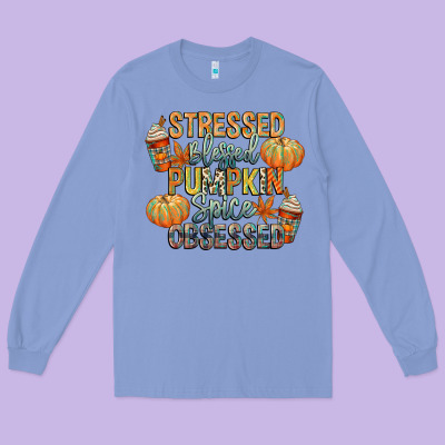 Stressed Blessed Pumpkin Spice Obsessed Long Sleeve Tee Designed By Cowgirlartshop
