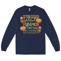 Navy stressed blessed pumpkin spice obsessed Long Sleeve Tee - CowGirlArtShop