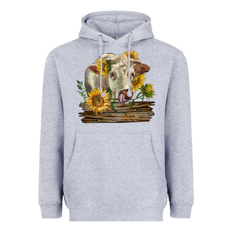 Charolais Cow With Sunflowers Heavyweight Hoodie by LillyAllenDesigns | Teevron