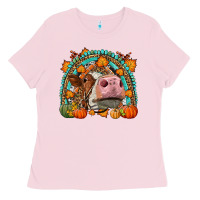 Bubblegum Pink Fall Cow Rainbow Ladies Tee - LillyAllenDesigns