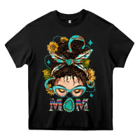 Black Western Messy Bun Mom With Sunflower Heavy Core Tee - BundleAndBundleShop