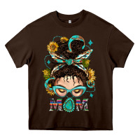 Chocolate Brown Western Messy Bun Mom With Sunflower Heavy Core Tee - BundleAndBundleShop