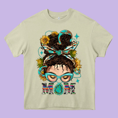 Western Messy Bun Mom With Sunflower Heavy Core Tee Designed By Bundleandbundleshop