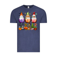 Vintage Denim Hallothanksmas wine glasses and gnomes Vintage Tee - texasbilliewilder