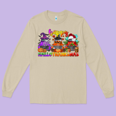 Happy Hallothanksmas Truck Long Sleeve Tee Designed By Cowgirlartshop
