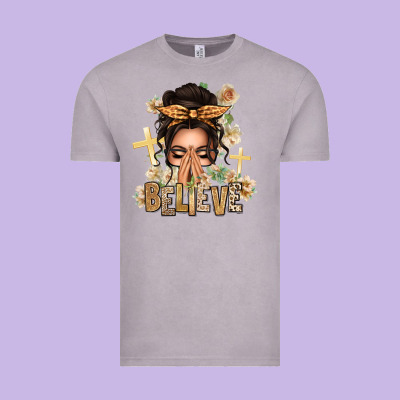 Believe Praying Caucasian Messy Bun Vintage Tee Designed By Texasbilliewilder
