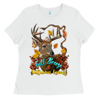 White Fall Breeze And Autumn Leaves Deer Ladies Tee - LillyAllenDesigns