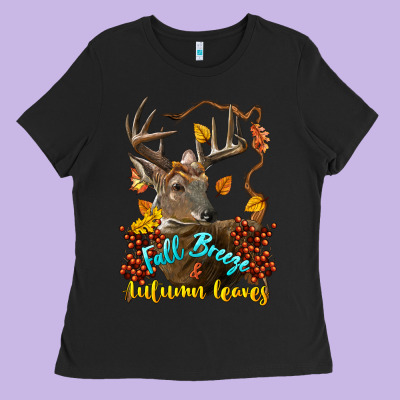 Fall Breeze And Autumn Leaves Deer Ladies Tee Designed By Lillyallendesigns