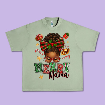 Merry Mama Afro Messy Bun Urban Heavy Tee Designed By Texasbilliewilder